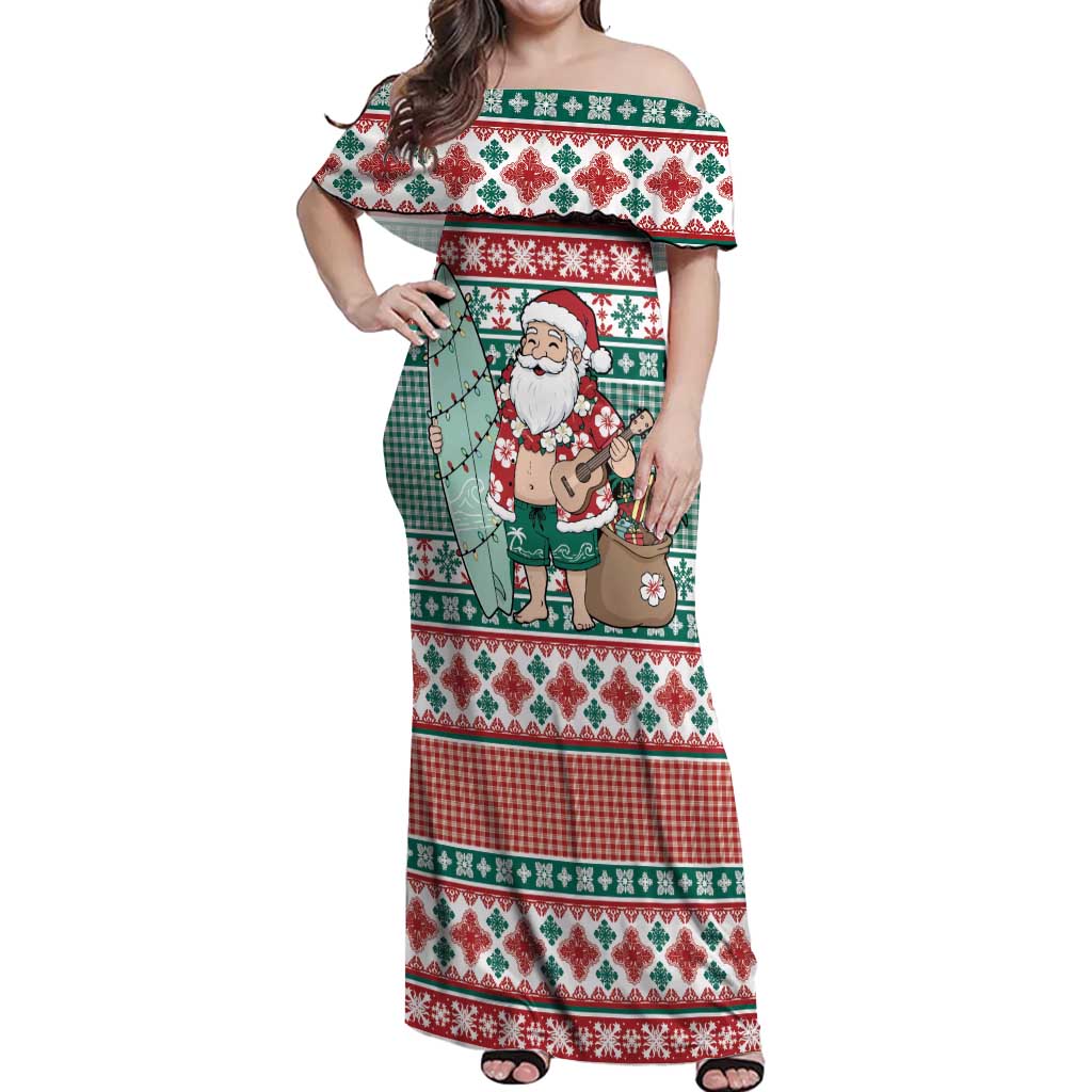 Hawaiian Funny Santa Surf Off Shoulder Maxi Dress Mele Kalikimaka Palaka Quilt Pattern - Polynesian Pride