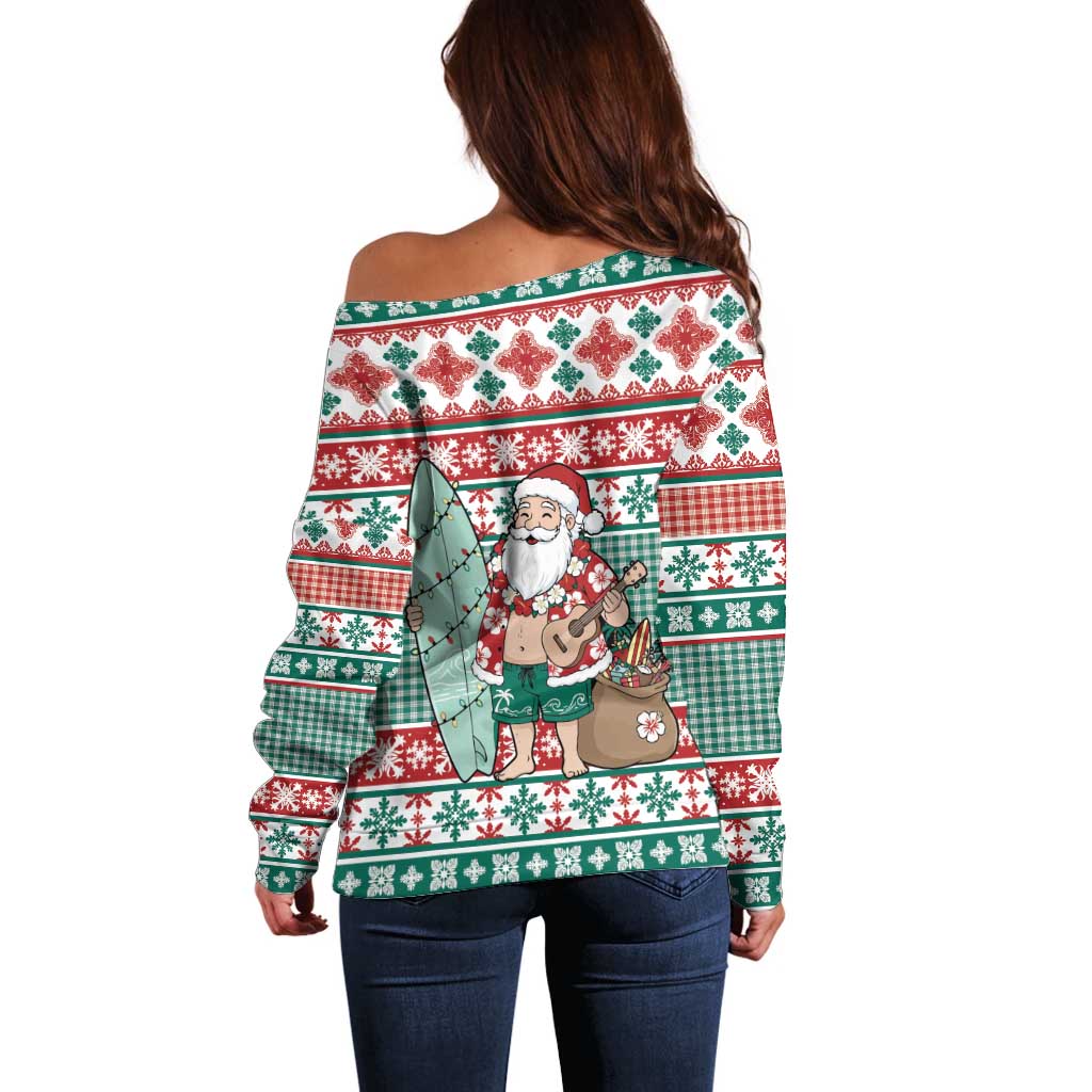 Hawaiian Funny Santa Surf Off Shoulder Sweater Mele Kalikimaka Palaka Quilt Pattern - Polynesian Pride