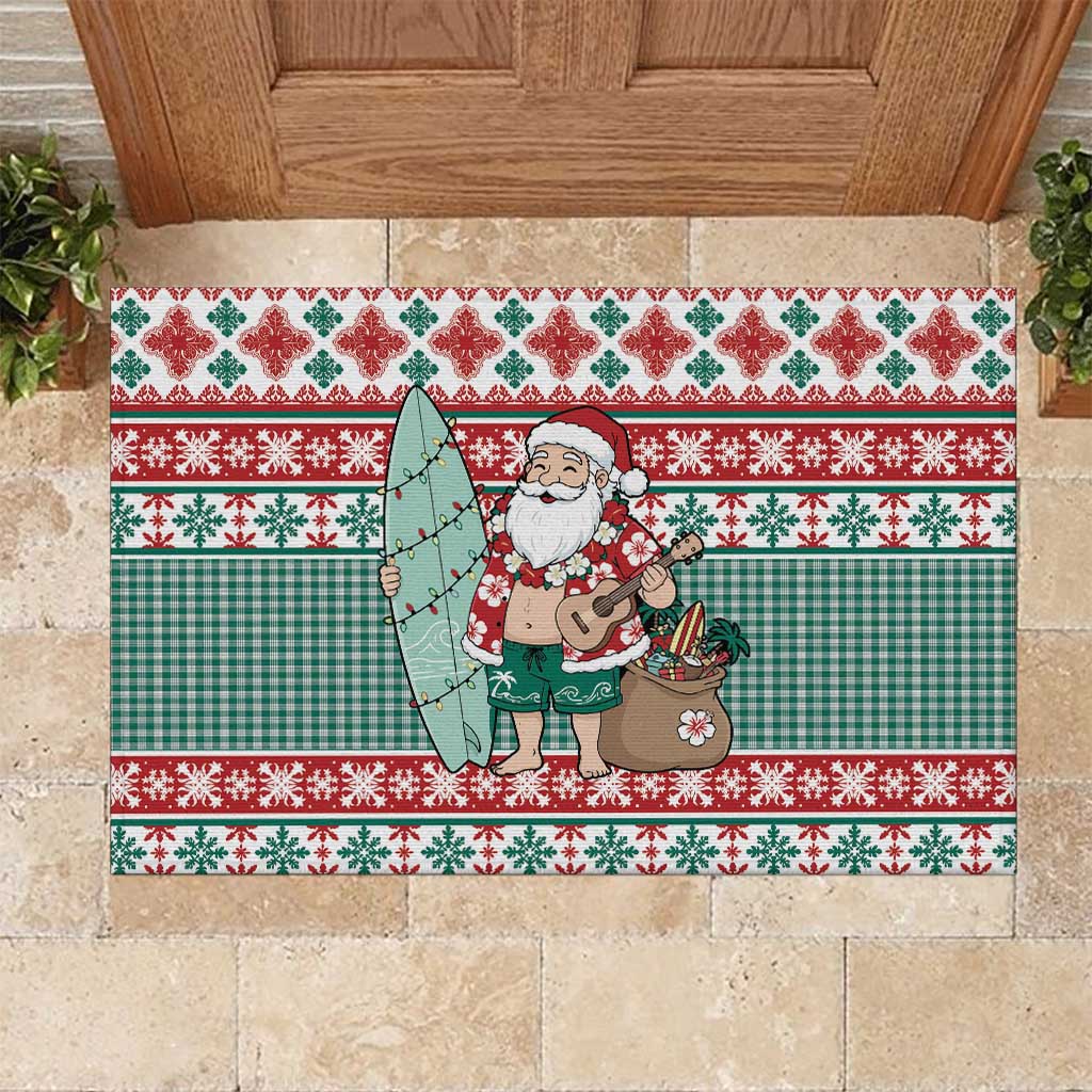 Hawaiian Funny Santa Surf Rubber Doormat Mele Kalikimaka Palaka Quilt Pattern - Polynesian Pride