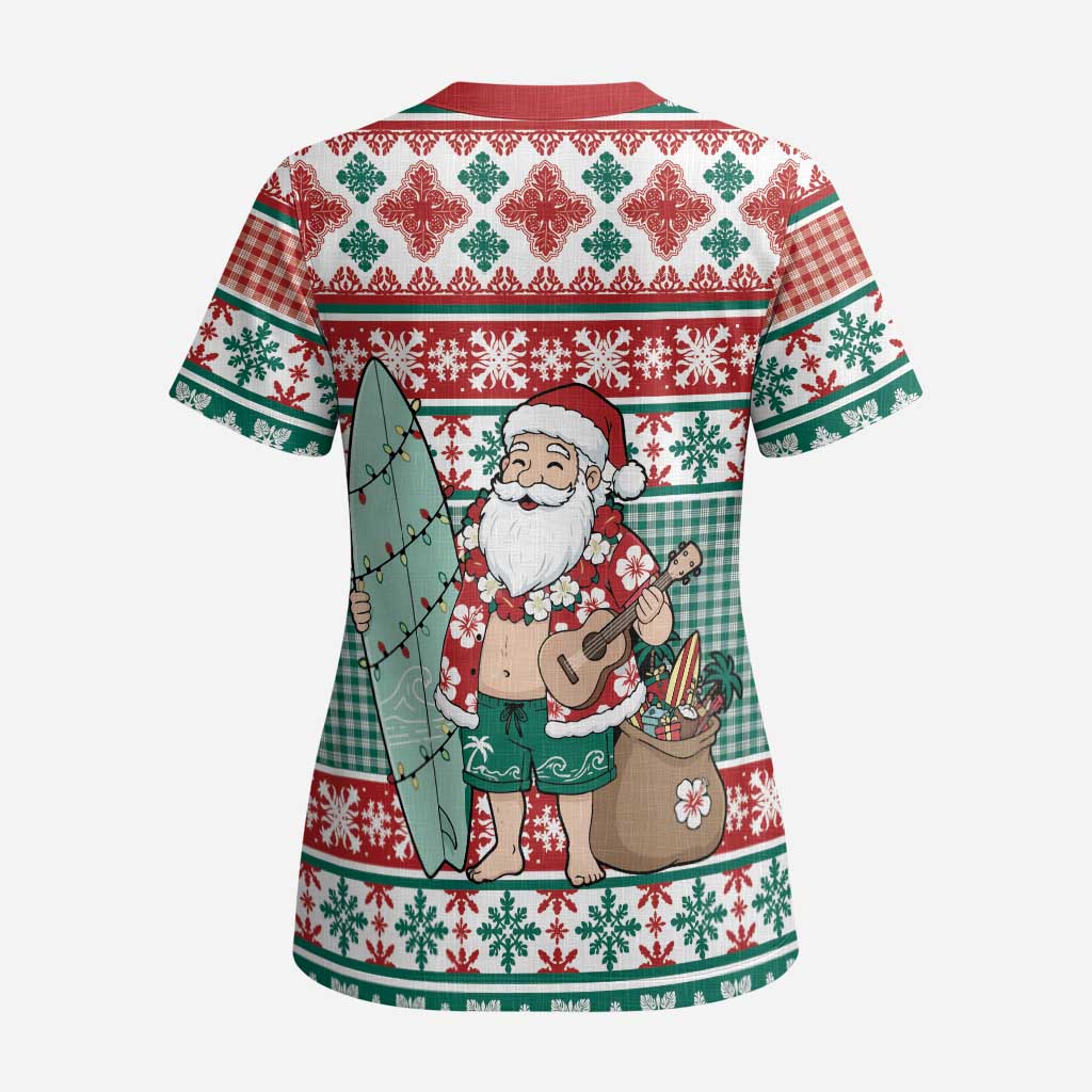 Hawaiian Funny Santa Surf Scrub Top Mele Kalikimaka Palaka Quilt Pattern - Polynesian Pride
