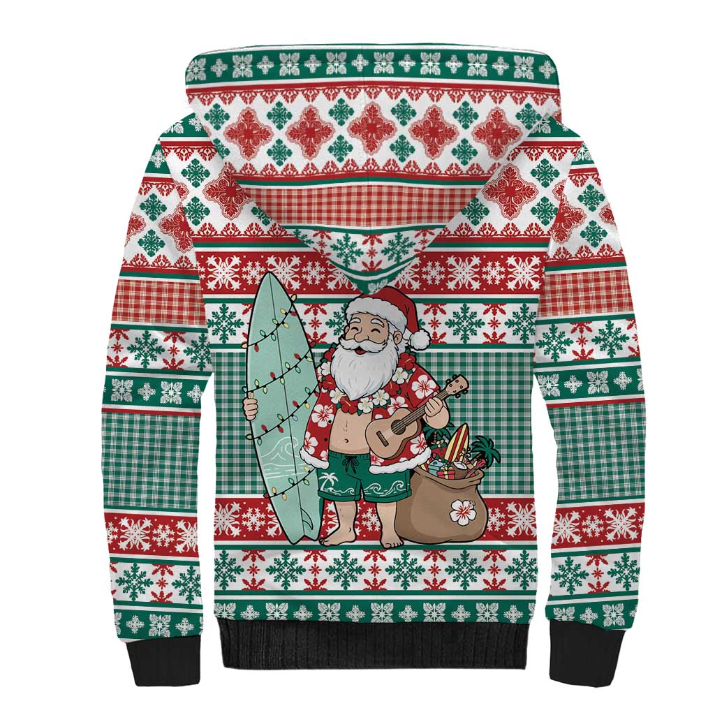 Hawaiian Funny Santa Surf Sherpa Hoodie Mele Kalikimaka Palaka Quilt Pattern - Polynesian Pride