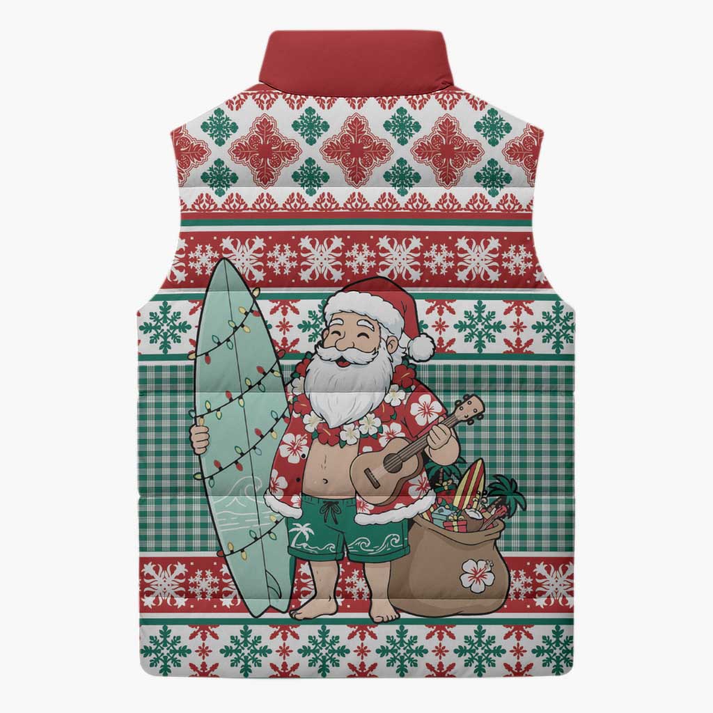 Hawaiian Funny Santa Surf Sleeveless Puffer Jacket Mele Kalikimaka Palaka Quilt Pattern - Polynesian Pride