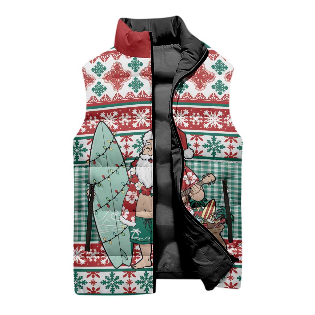 Hawaiian Funny Santa Surf Sleeveless Puffer Jacket Mele Kalikimaka Palaka Quilt Pattern - Polynesian Pride