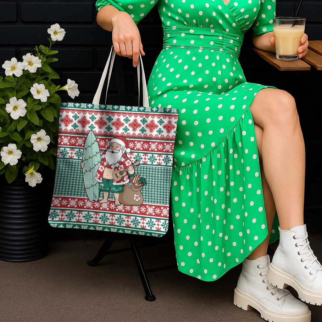 Hawaiian Funny Santa Surf Tote Bag Mele Kalikimaka Palaka Quilt Pattern - Polynesian Pride