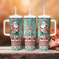 Hawaiian Funny Santa Surf Tumbler With Handle Mele Kalikimaka Palaka Quilt Pattern - Polynesian Pride