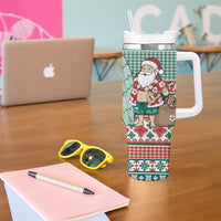 Hawaiian Funny Santa Surf Tumbler With Handle Mele Kalikimaka Palaka Quilt Pattern - Polynesian Pride