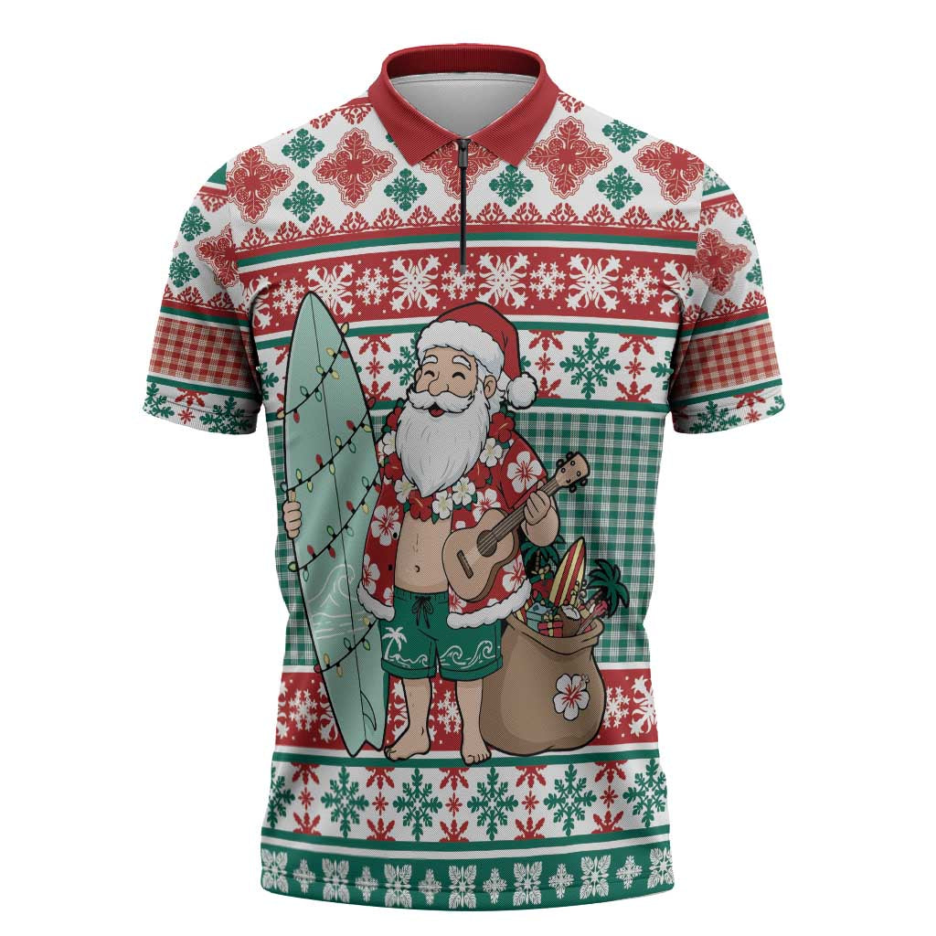 Hawaiian Funny Santa Surf Zipper Polo Shirt Mele Kalikimaka Palaka Quilt Pattern - Polynesian Pride