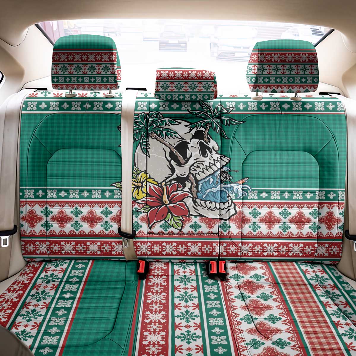 Hawaiian Skull Surfs Back Car Seat Cover Mele Kalikimaka Palaka Quilt Pattern - Polynesian Pride