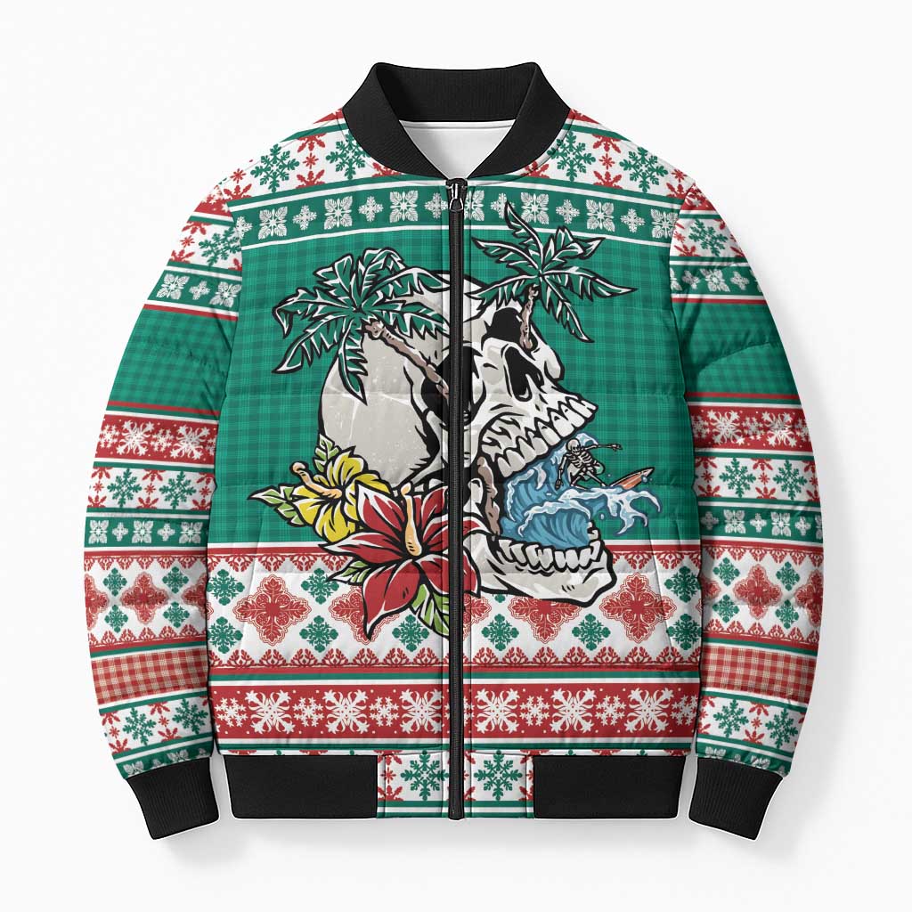 Hawaiian Skull Surfs Bomber Puffer Jacket Mele Kalikimaka Palaka Quilt Pattern - Polynesian Pride
