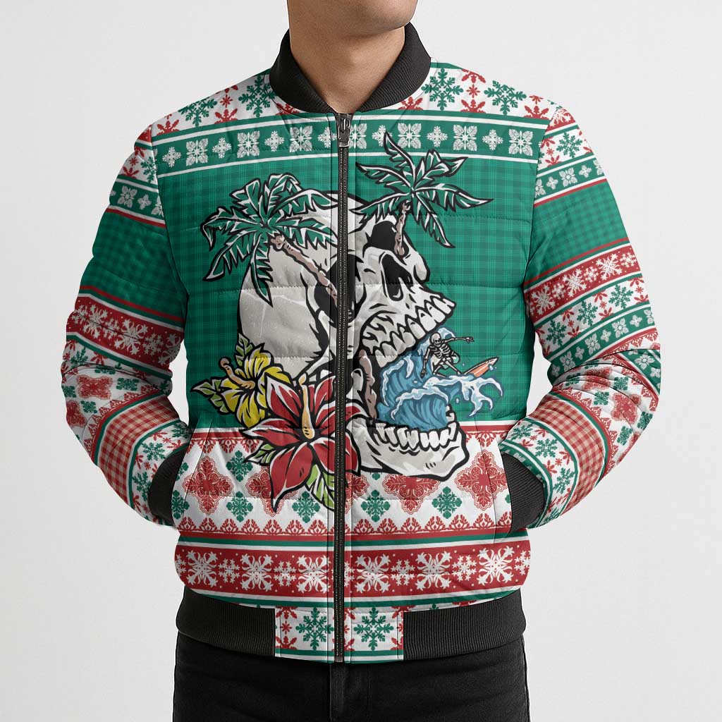 Hawaiian Skull Surfs Bomber Puffer Jacket Mele Kalikimaka Palaka Quilt Pattern - Polynesian Pride