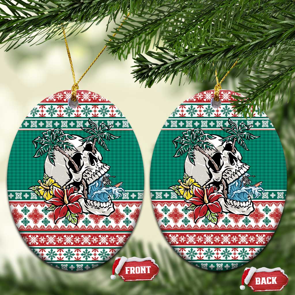 Hawaiian Skull Surfs Ceramic Ornament Mele Kalikimaka Palaka Quilt Pattern - Polynesian Pride