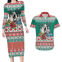 Hawaiian Skull Surfs Couples Matching Long Sleeve Bodycon Dress and Hawaiian Shirt Mele Kalikimaka Palaka Quilt Pattern - Polynesian Pride
