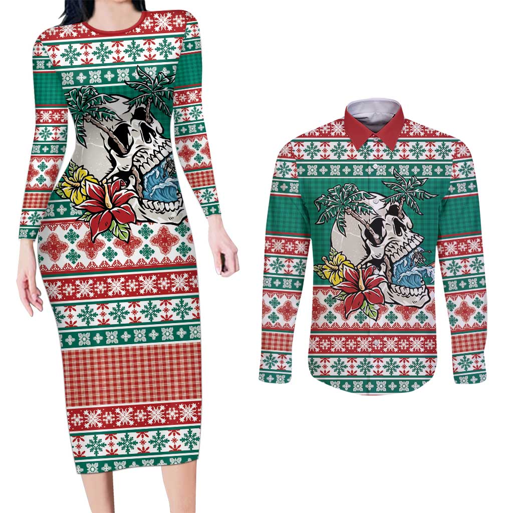 Hawaiian Skull Surfs Couples Matching Long Sleeve Bodycon Dress and Long Sleeve Button Shirt Mele Kalikimaka Palaka Quilt Pattern - Polynesian Pride