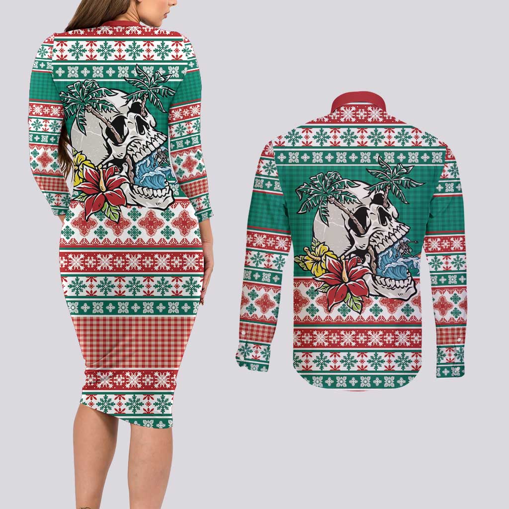 Hawaiian Skull Surfs Couples Matching Long Sleeve Bodycon Dress and Long Sleeve Button Shirt Mele Kalikimaka Palaka Quilt Pattern - Polynesian Pride