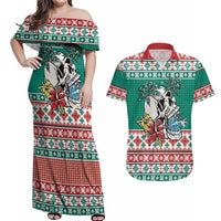 Hawaiian Skull Surfs Couples Matching Off Shoulder Maxi Dress and Hawaiian Shirt Mele Kalikimaka Palaka Quilt Pattern LT9 Green - Polynesian Pride