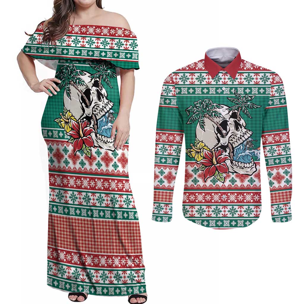 Hawaiian Skull Surfs Couples Matching Off Shoulder Maxi Dress and Long Sleeve Button Shirt Mele Kalikimaka Palaka Quilt Pattern - Polynesian Pride