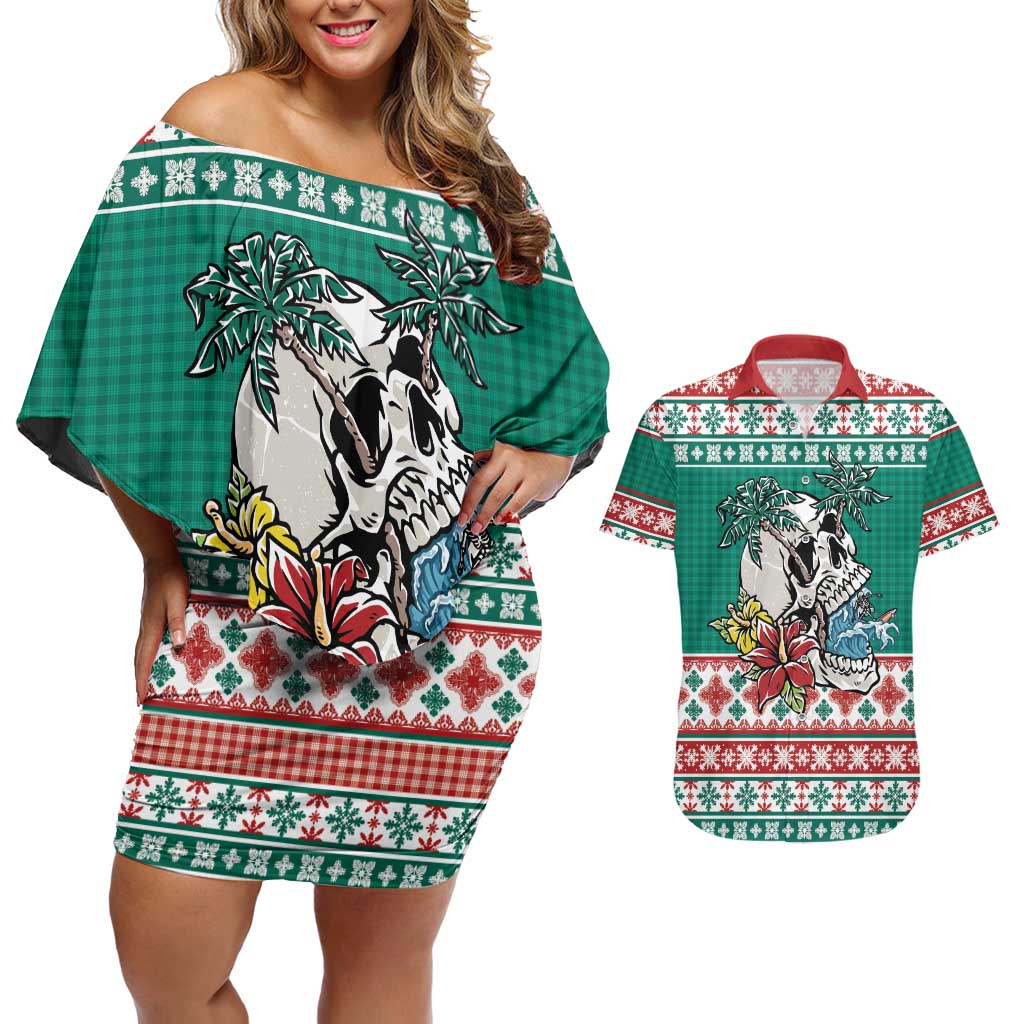 Hawaiian Skull Surfs Couples Matching Off Shoulder Short Dress and Hawaiian Shirt Mele Kalikimaka Palaka Quilt Pattern LT9 Green - Polynesian Pride