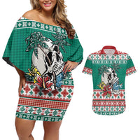 Hawaiian Skull Surfs Couples Matching Off Shoulder Short Dress and Hawaiian Shirt Mele Kalikimaka Palaka Quilt Pattern LT9 Green - Polynesian Pride