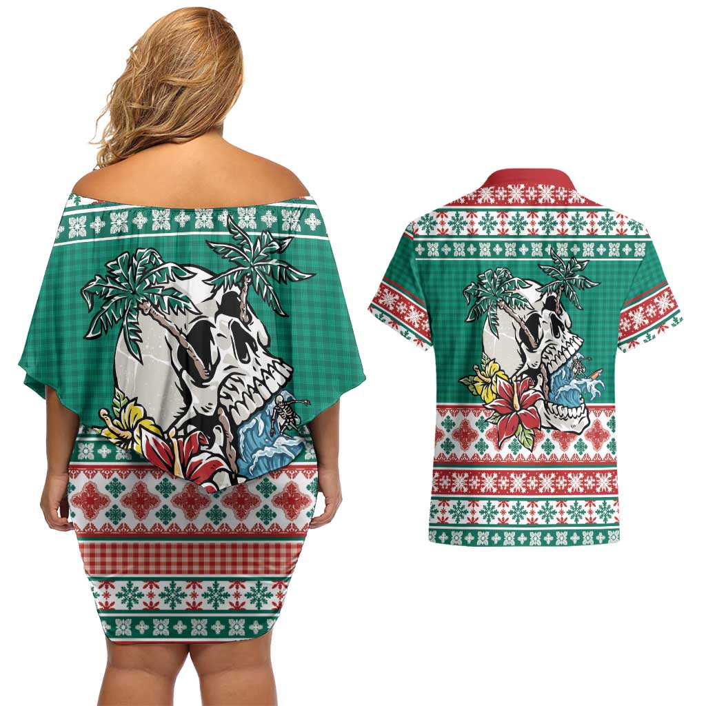 Hawaiian Skull Surfs Couples Matching Off Shoulder Short Dress and Hawaiian Shirt Mele Kalikimaka Palaka Quilt Pattern LT9 - Polynesian Pride