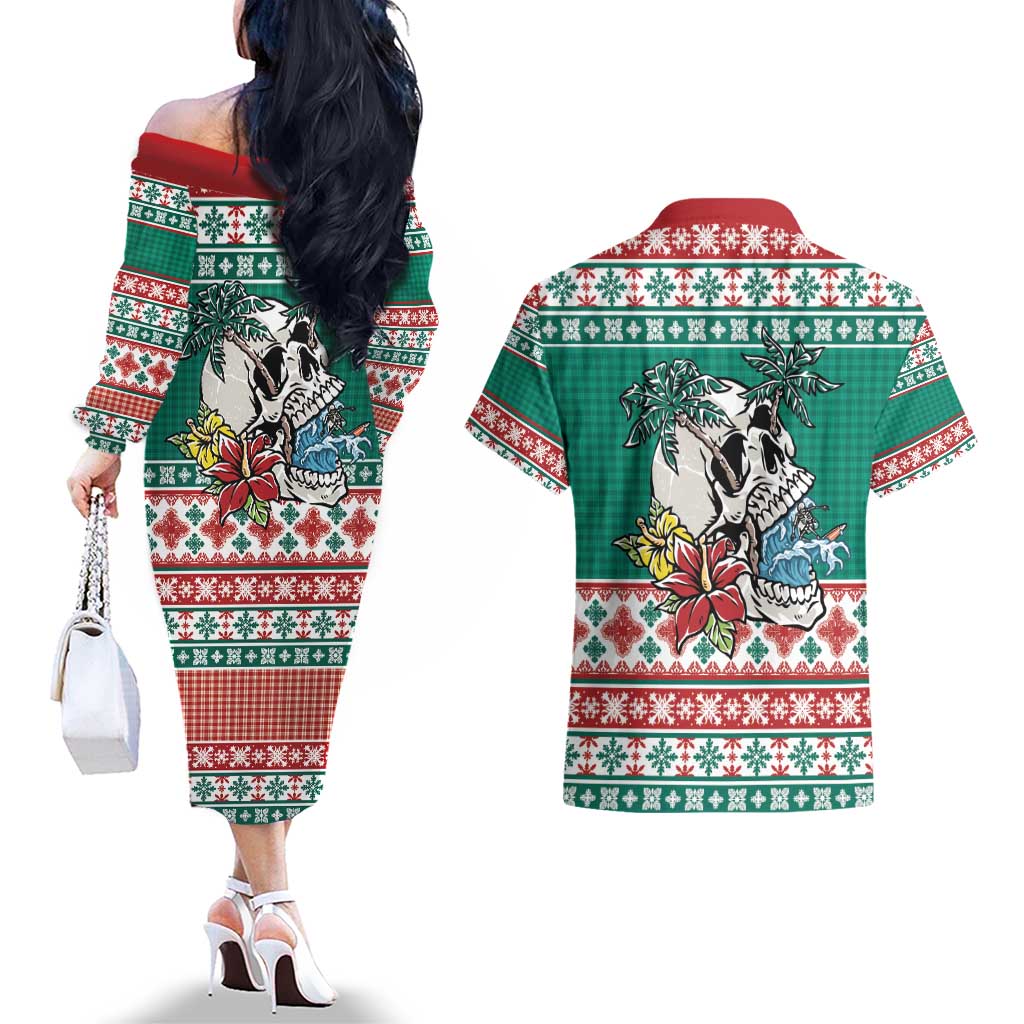 Hawaiian Skull Surfs Couples Matching Off The Shoulder Long Sleeve Dress and Hawaiian Shirt Mele Kalikimaka Palaka Quilt Pattern - Polynesian Pride