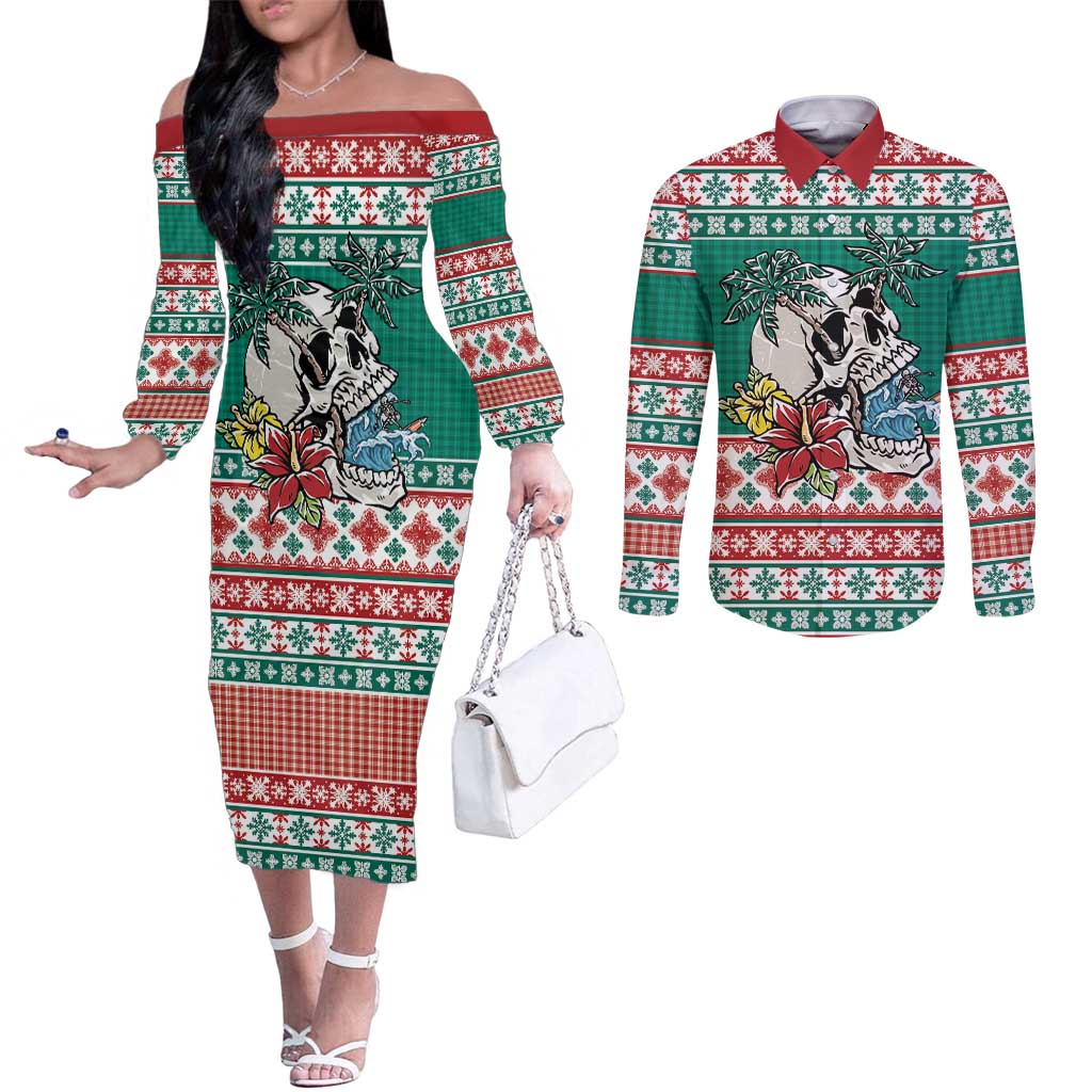 Hawaiian Skull Surfs Couples Matching Off The Shoulder Long Sleeve Dress and Long Sleeve Button Shirt Mele Kalikimaka Palaka Quilt Pattern - Polynesian Pride