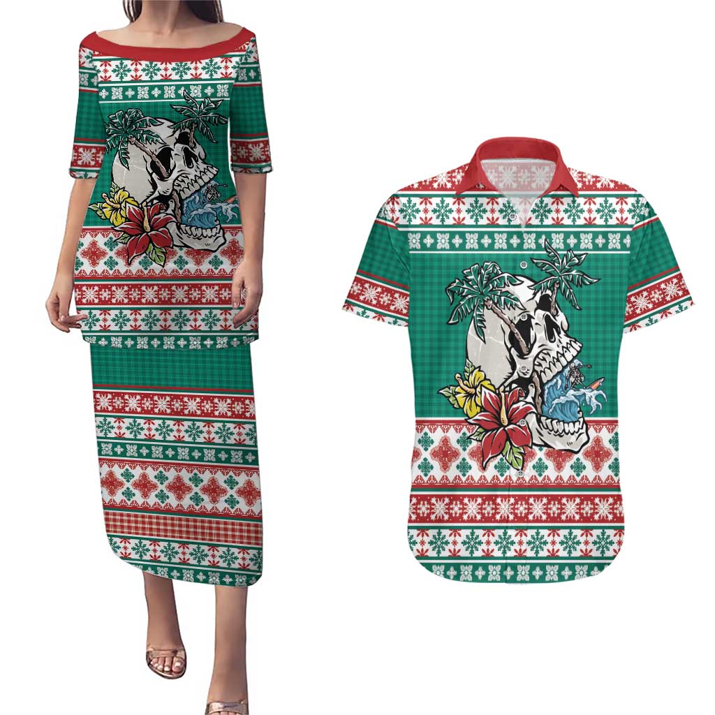 Hawaiian Skull Surfs Couples Matching Puletasi and Hawaiian Shirt Mele Kalikimaka Palaka Quilt Pattern - Polynesian Pride