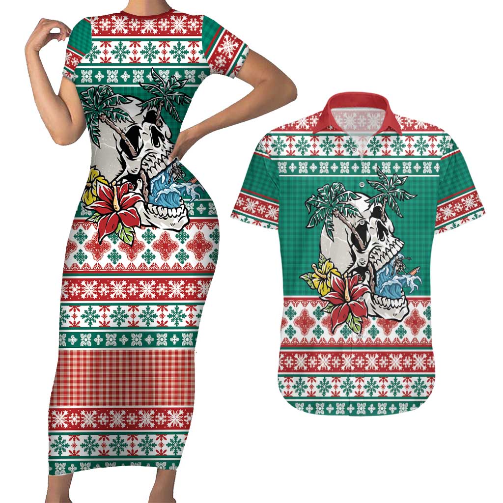 Hawaiian Skull Surfs Couples Matching Short Sleeve Bodycon Dress and Hawaiian Shirt Mele Kalikimaka Palaka Quilt Pattern LT9 Green - Polynesian Pride
