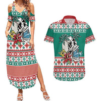 Hawaiian Skull Surfs Couples Matching Summer Maxi Dress and Hawaiian Shirt Mele Kalikimaka Palaka Quilt Pattern LT9 Green - Polynesian Pride