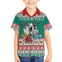 Hawaiian Skull Surfs Family Matching Long Sleeve Bodycon Dress and Hawaiian Shirt Mele Kalikimaka Palaka Quilt Pattern - Polynesian Pride