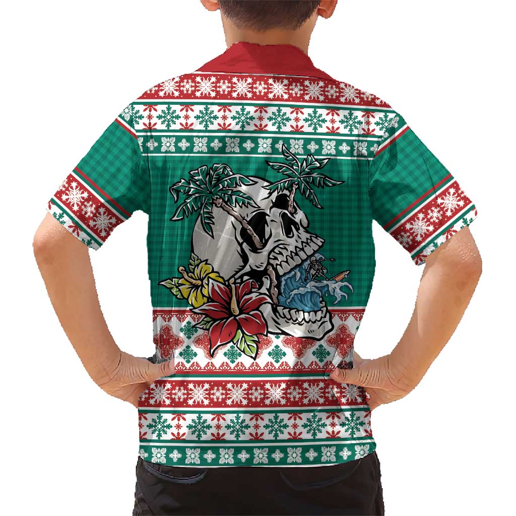 Hawaiian Skull Surfs Family Matching Mermaid Dress and Hawaiian Shirt Mele Kalikimaka Palaka Quilt Pattern - Polynesian Pride