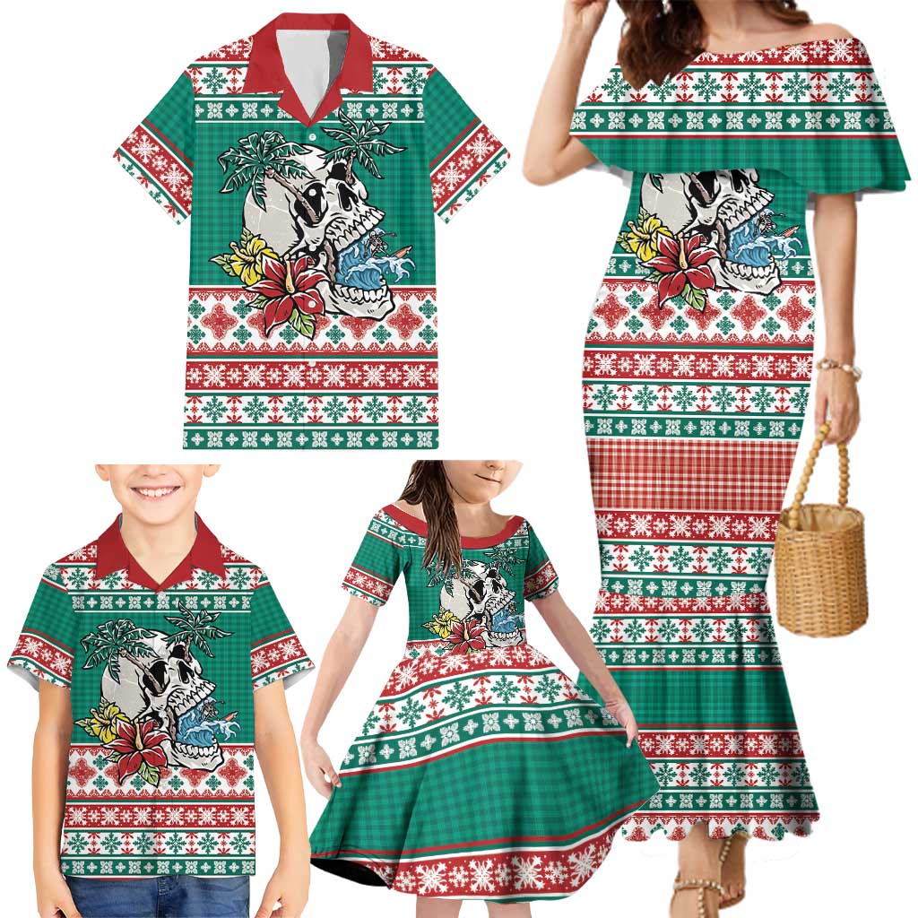 Hawaiian Skull Surfs Family Matching Mermaid Dress and Hawaiian Shirt Mele Kalikimaka Palaka Quilt Pattern - Polynesian Pride