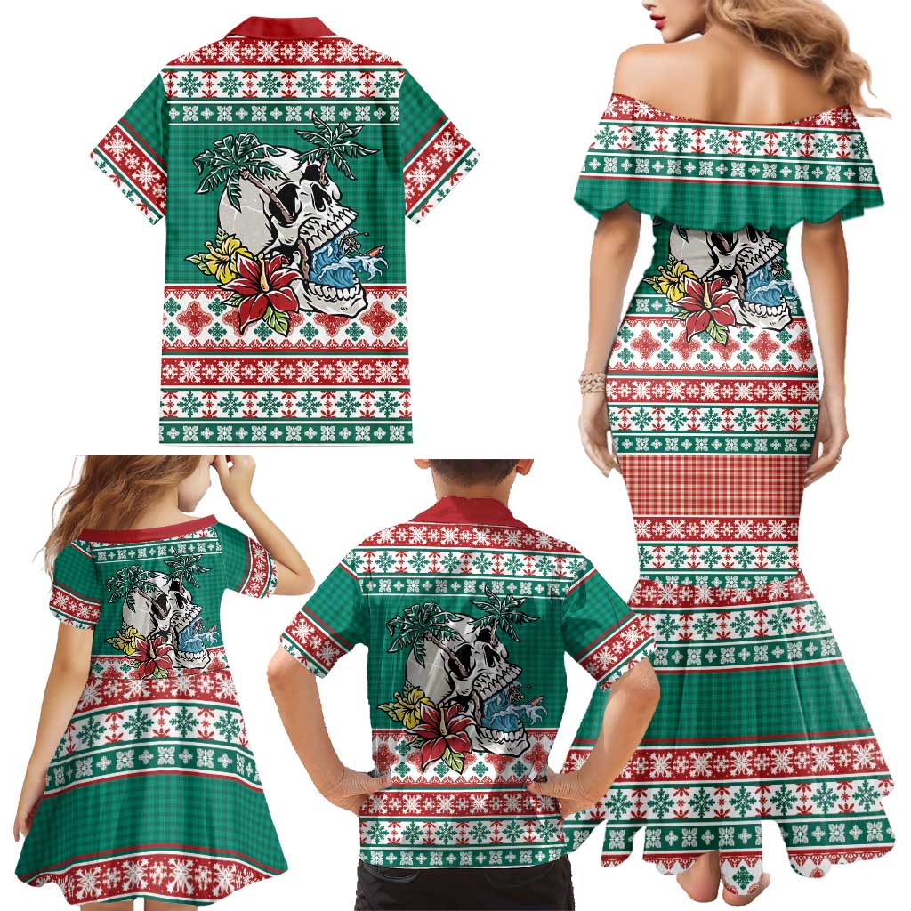 Hawaiian Skull Surfs Family Matching Mermaid Dress and Hawaiian Shirt Mele Kalikimaka Palaka Quilt Pattern - Polynesian Pride