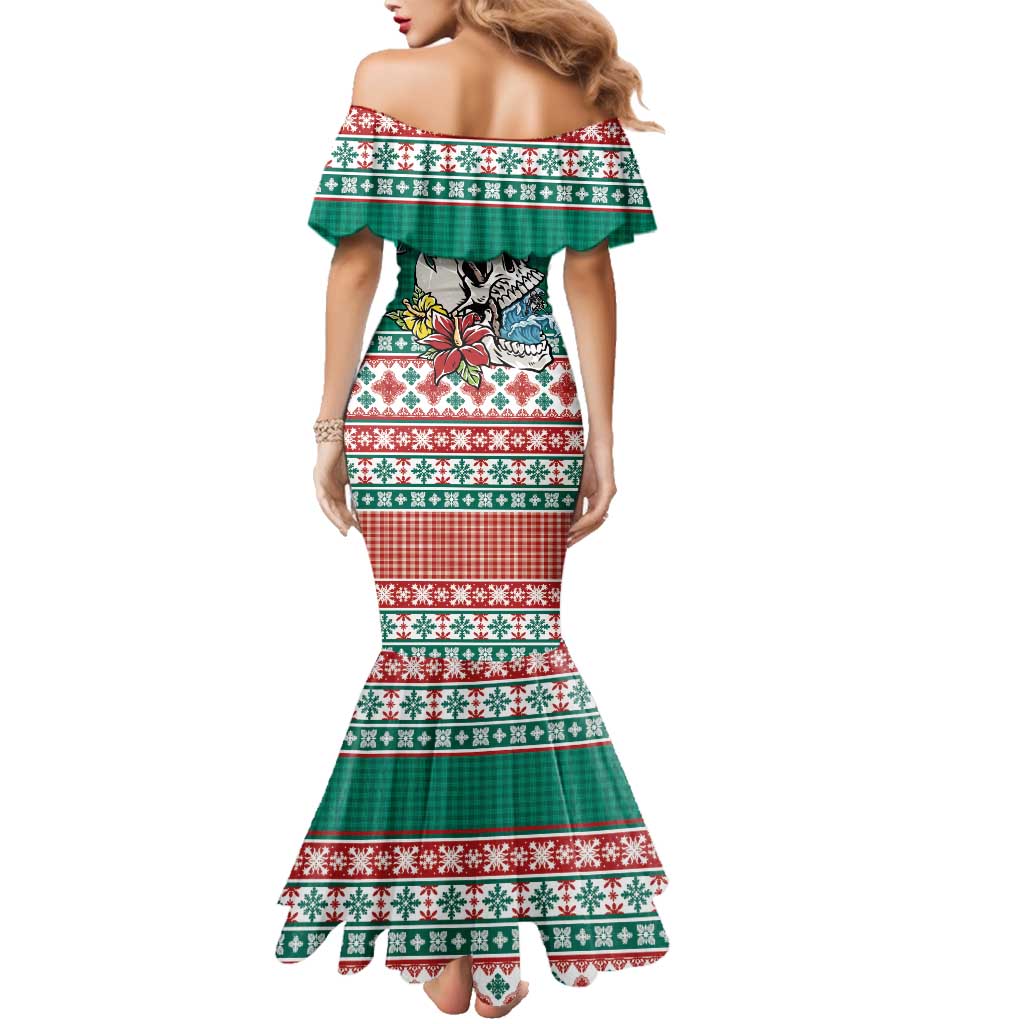 Hawaiian Skull Surfs Family Matching Mermaid Dress and Hawaiian Shirt Mele Kalikimaka Palaka Quilt Pattern - Polynesian Pride