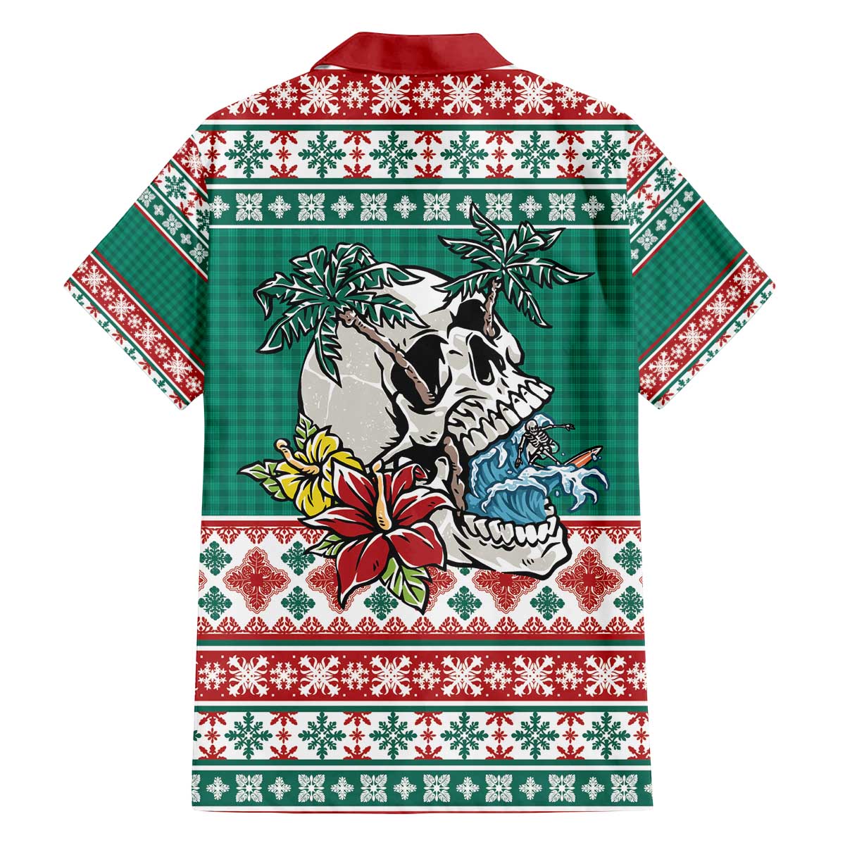 Hawaiian Skull Surfs Family Matching Off The Shoulder Long Sleeve Dress and Hawaiian Shirt Mele Kalikimaka Palaka Quilt Pattern - Polynesian Pride