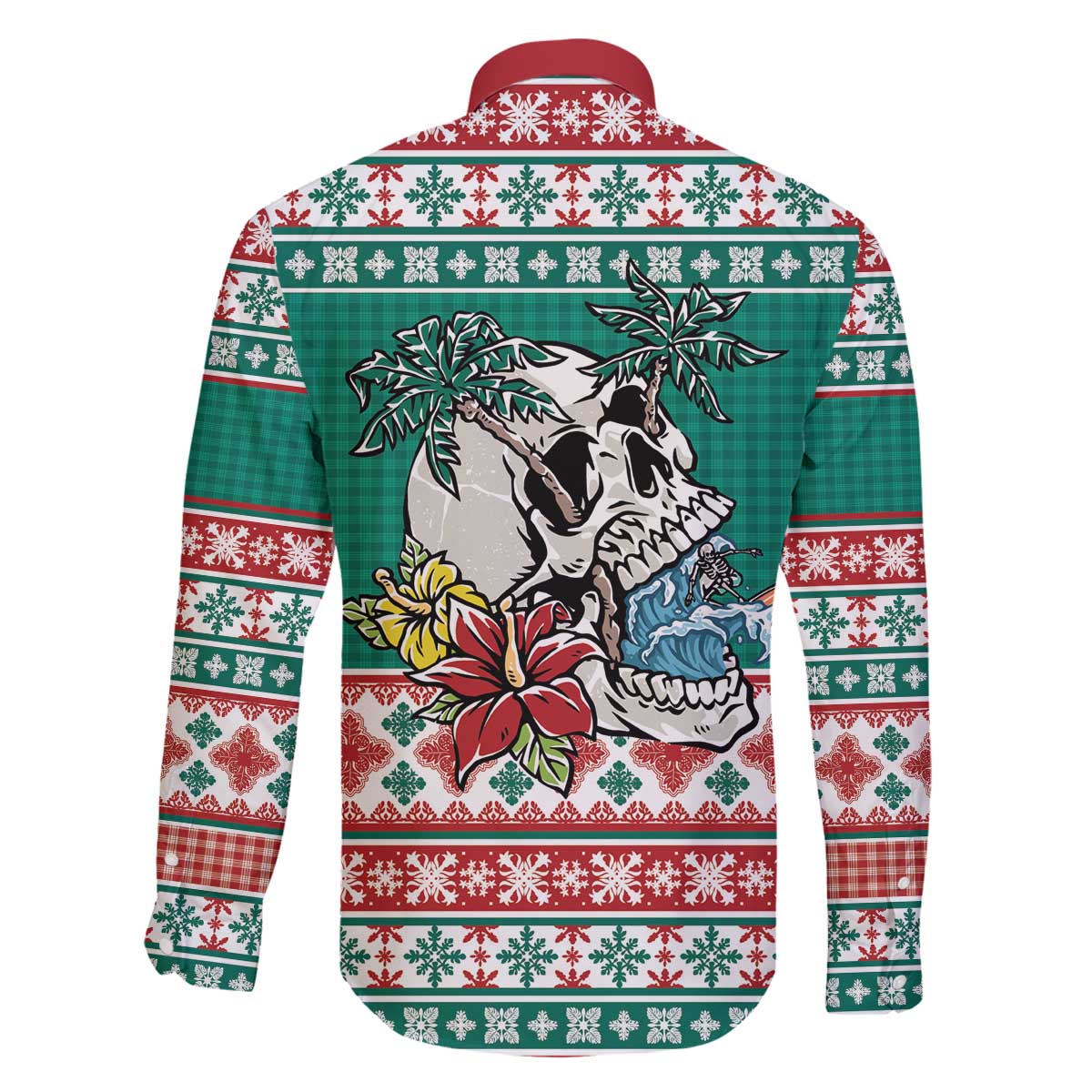 Hawaiian Skull Surfs Family Matching Off The Shoulder Long Sleeve Dress and Hawaiian Shirt Mele Kalikimaka Palaka Quilt Pattern - Polynesian Pride