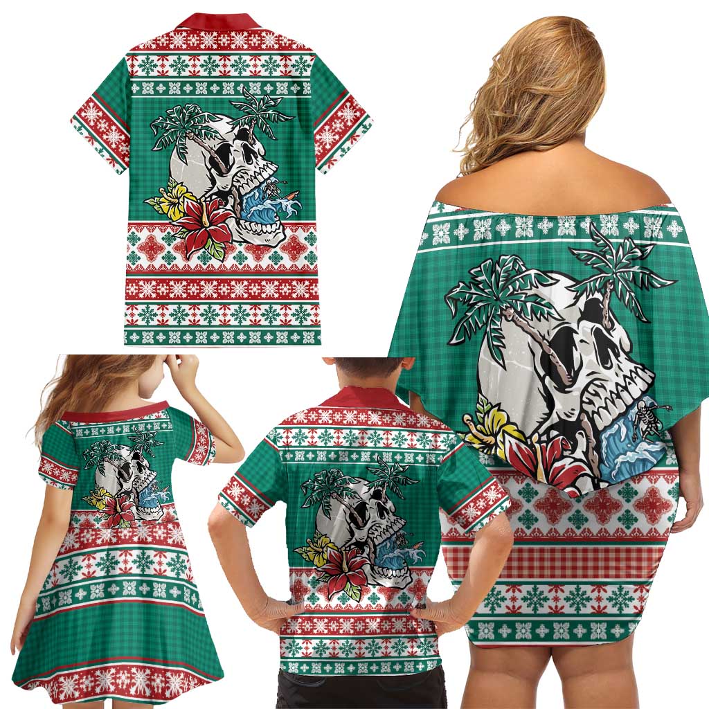 Hawaiian Skull Surfs Family Matching Off Shoulder Short Dress and Hawaiian Shirt Mele Kalikimaka Palaka Quilt Pattern - Polynesian Pride