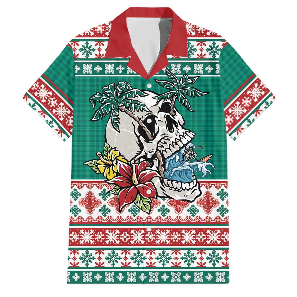 Hawaiian Skull Surfs Family Matching Puletasi and Hawaiian Shirt Mele Kalikimaka Palaka Quilt Pattern LT9 Dad's Shirt - Short Sleeve Green - Polynesian Pride