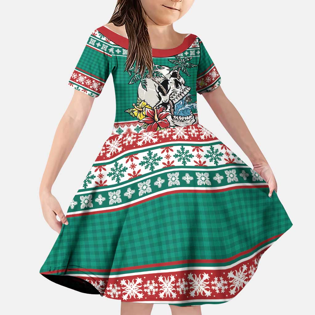 Hawaiian Skull Surfs Family Matching Short Sleeve Bodycon Dress and Hawaiian Shirt Mele Kalikimaka Palaka Quilt Pattern - Polynesian Pride