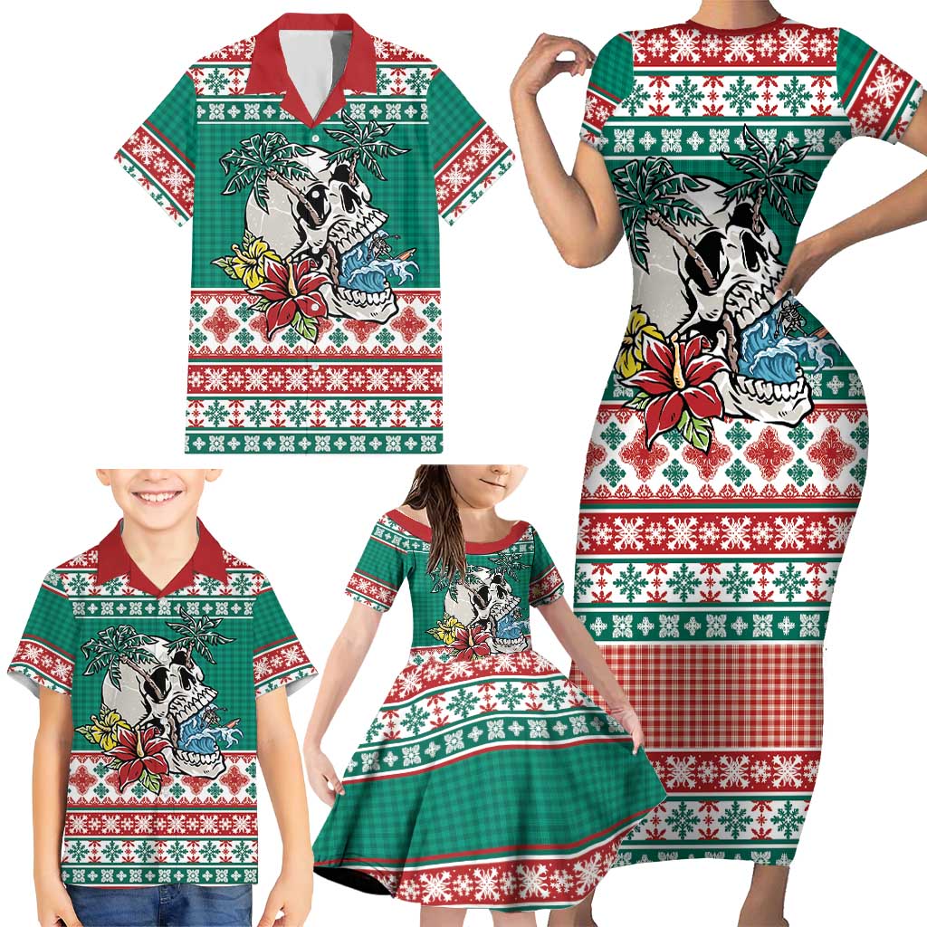 Hawaiian Skull Surfs Family Matching Short Sleeve Bodycon Dress and Hawaiian Shirt Mele Kalikimaka Palaka Quilt Pattern - Polynesian Pride