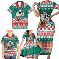 Hawaiian Skull Surfs Family Matching Short Sleeve Bodycon Dress and Hawaiian Shirt Mele Kalikimaka Palaka Quilt Pattern - Polynesian Pride
