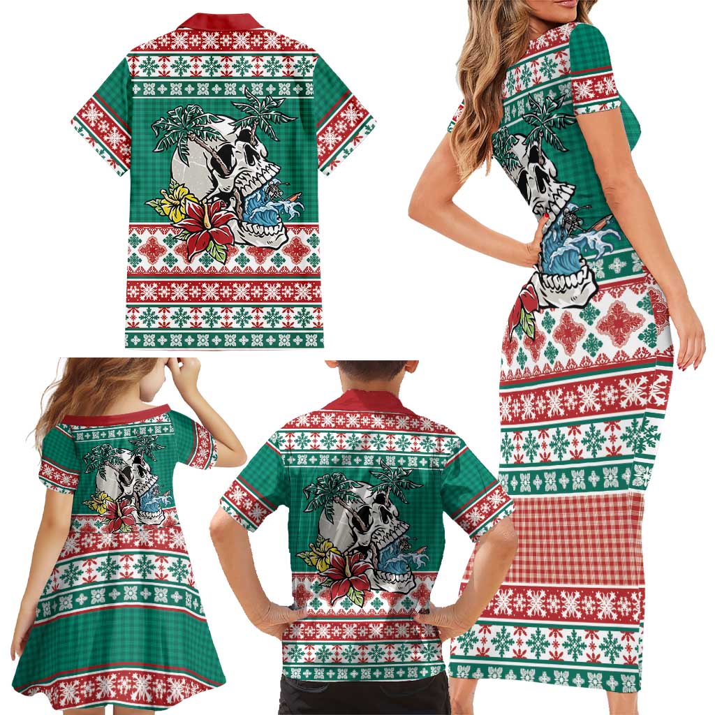 Hawaiian Skull Surfs Family Matching Short Sleeve Bodycon Dress and Hawaiian Shirt Mele Kalikimaka Palaka Quilt Pattern - Polynesian Pride