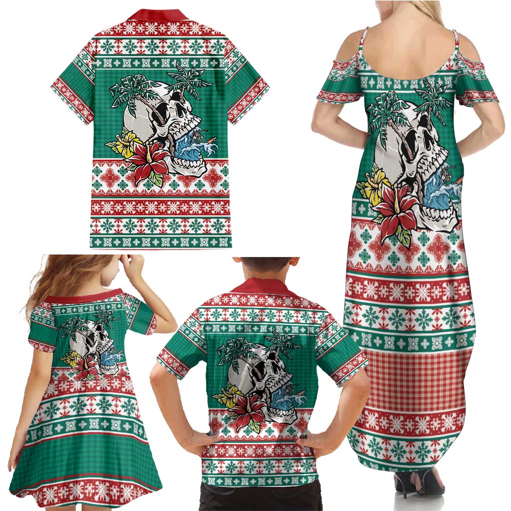 Hawaiian Skull Surfs Family Matching Summer Maxi Dress and Hawaiian Shirt Mele Kalikimaka Palaka Quilt Pattern - Polynesian Pride