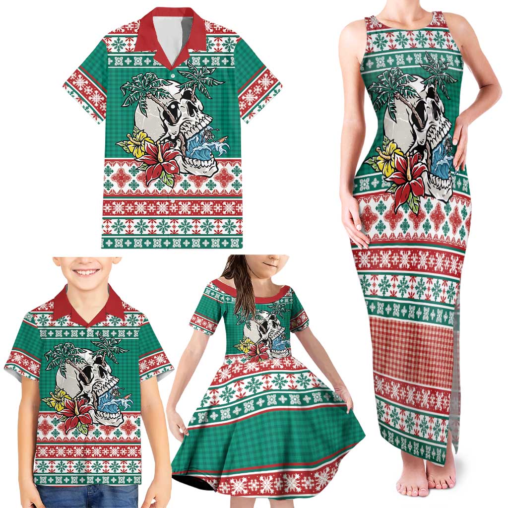 Hawaiian Skull Surfs Family Matching Tank Maxi Dress and Hawaiian Shirt Mele Kalikimaka Palaka Quilt Pattern - Polynesian Pride