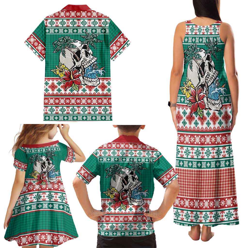 Hawaiian Skull Surfs Family Matching Tank Maxi Dress and Hawaiian Shirt Mele Kalikimaka Palaka Quilt Pattern - Polynesian Pride