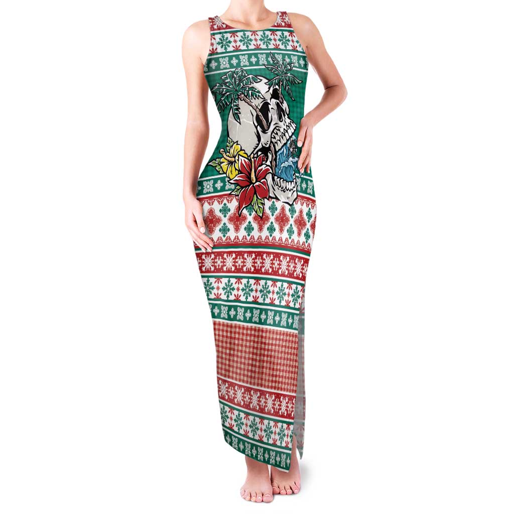 Hawaiian Skull Surfs Family Matching Tank Maxi Dress and Hawaiian Shirt Mele Kalikimaka Palaka Quilt Pattern - Polynesian Pride