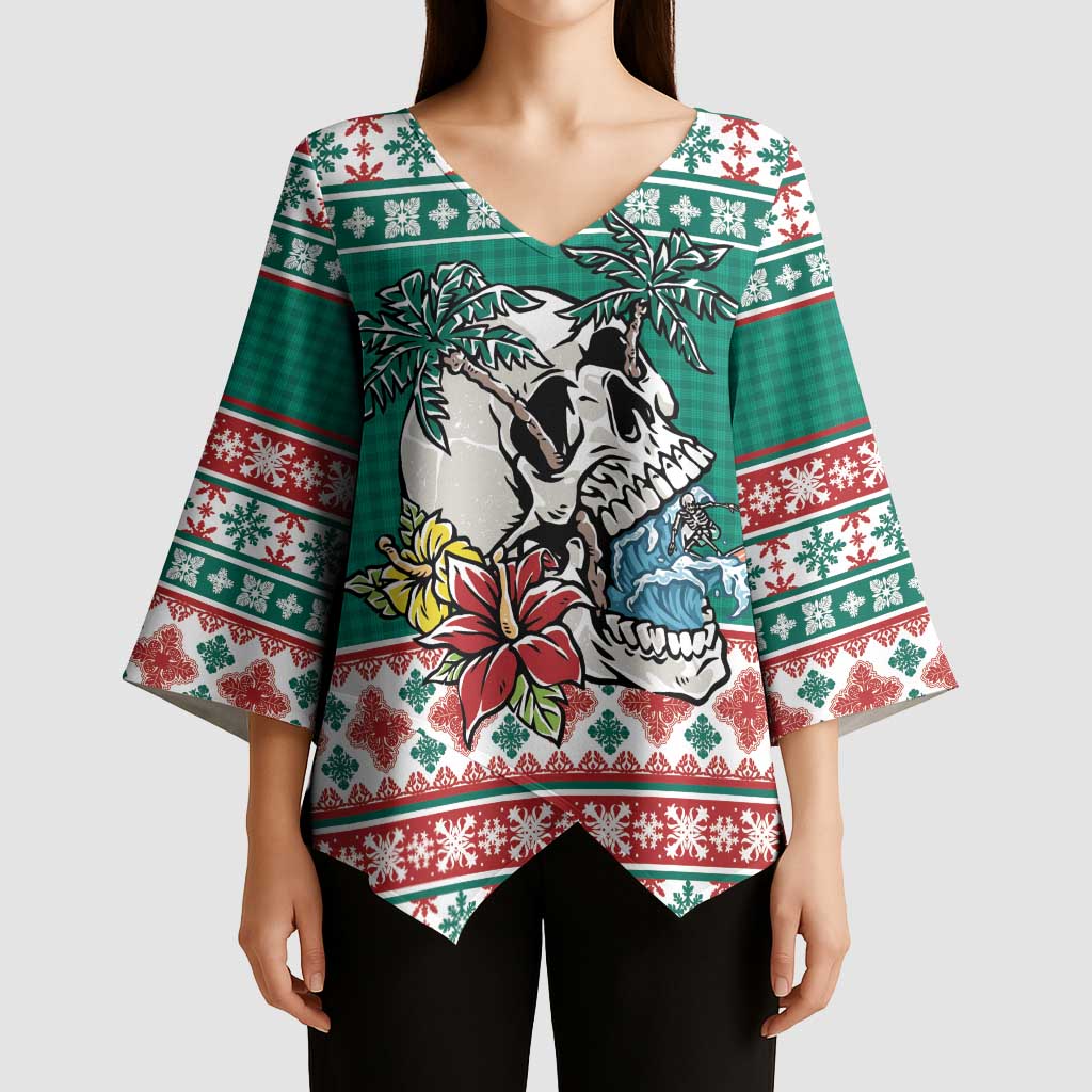 Hawaiian Skull Surfs Kimono Sleeve Blouse Mele Kalikimaka Palaka Quilt Pattern - Polynesian Pride
