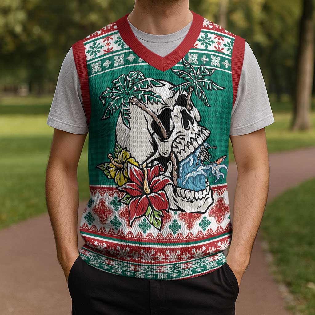 Hawaiian Skull Surfs Christmas Knitted V-Neck Vest Mele Kalikimaka Palaka Quilt Pattern - Polynesian Pride
