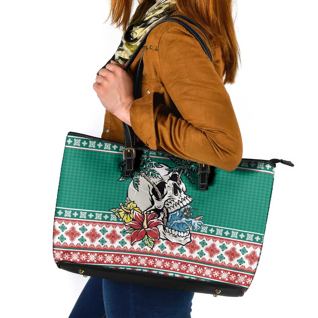Hawaiian Skull Surfs Leather Tote Bag Mele Kalikimaka Palaka Quilt Pattern - Polynesian Pride