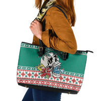 Hawaiian Skull Surfs Leather Tote Bag Mele Kalikimaka Palaka Quilt Pattern - Polynesian Pride