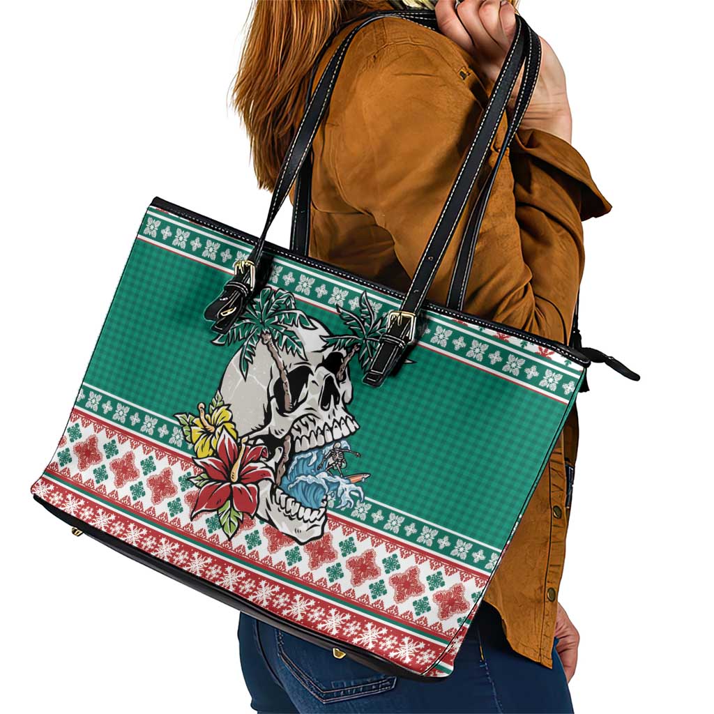 Hawaiian Skull Surfs Leather Tote Bag Mele Kalikimaka Palaka Quilt Pattern - Polynesian Pride